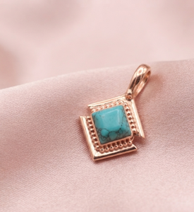 Pendentif carré en argent sterling 925 avec turquoise bleue naturelle, fait main, monture géométrique perlée, sertissage clos, or rose et jaune - Product Image 4