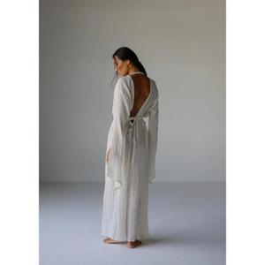 Elegante Vestido Largo Kaftan de Algodón Blanco con Cintura Alta para Mujer, Cuello en V Profundo, para Yoga, Playa, Resort, Estilo Boho, Vestido de Noche - Product Image 4