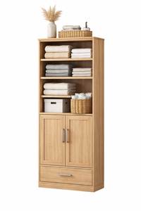 Multi Tier Open Rack Teak Wood <b>Bathroom</b> <b>Cabinet</b> Modern Silver Handle <b>Floor</b> Organizer - Product Image 2
