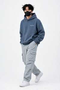 Oneten Apparel <b>Men's</b> Blue Gray Solid Knitted Pullover <b>Hoodie</b> Hooded Sweatshirt Regular Sleeve Autumn Eco-friendly Front Logo - Product Image 1