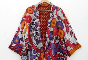 Nueva llegada indio hecho a mano viejo Kantha edredón Kimono chaqueta clásica Kimono largo con cinturón y chaqueta de cuello grande para mujer - Product Image 4
