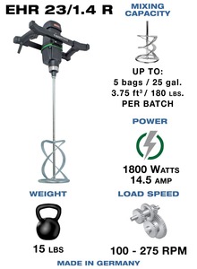 เครื่องผสมคอนกรีตแบบพกพา ใช้ไฟฟ้า พร้อมใบพัด MG 160, 14.5 แอมป์, 110 โวลต์, 1,800 ปอนด์ ต่อชั่วโมง - Product Image 2