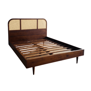 WoodgrandLiving Mid Century Eris Modern <b>Queen</b>/King <b>Size</b> Teak-Wood Rattan Headboard Solid Wood Platform <b>Bed</b> Frame Hotel Bedroom - Product Image 4