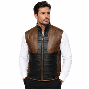 <b>Men's</b> Brown Black Genuine Leather Quilted <b>Vest</b> Stand Collar Full Zip Moto Biker Style Autumn Outerwear OEM Leather <b>Vest</b> - Product Image 5