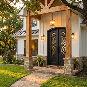 Puerta doble de entrada de hierro forjado moderna, resistente al óxido y elegante, con un diseño arqueado y motivos de volutas. - Product Image 6