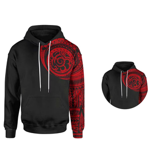 Sweat-shirt à capuche noir avec imprimé tribal rouge, manches longues, design graphique unisexe, fermeture à cordon, 100% coton, hiver, devant - Product Image 4
