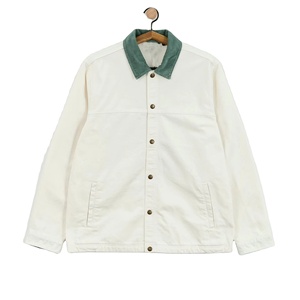 Men's White <b>Canvas</b> Shirt Jacket with Green Collar Button Closure Casual Winter Wear Hooded Logo Front - Product Image 1