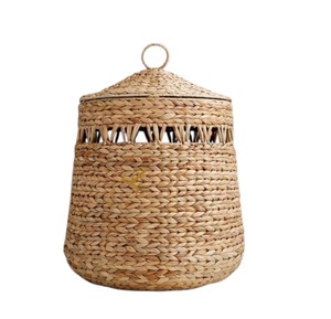 <b>Large</b> Boho Water Hyacinth Blanket <b>Basket</b> Woven Openwork <b>Storage</b> Hamper with Lid Decorative Living Room Bin - Product Image 4