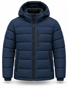 Men's Navy Hooded Puffer <b>Jacket</b> Waterproof Windproof Zipper Closure Front Logo Polyester Wadding Winter <b>Smart</b> Casual Coat - Product Image 1