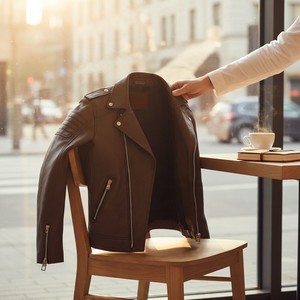 Blouson moto en cuir marron pour homme, avec fermeture éclair, style motard, grande taille, col rabattable, design intégral, collection automne - Product Image 3