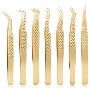 Pinces à cils en acier inoxydable de précision dorées, vente en gros, lot de 7 pièces, fournitures pour extensions de cils volume et classiques, kit d'outils de beauté - Product Image 1