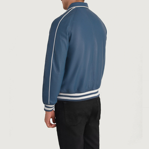 <b>Men</b> Horn Button Stand Collar Breathable Casual Cooper Blue Leather Varsity <b>Jacket</b> New Winter Collection Private Logo Front/Back - Product Image 3