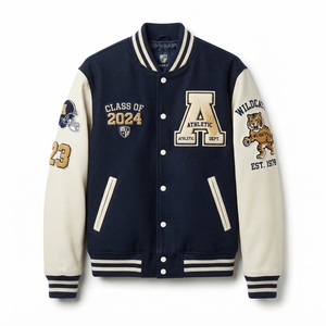 Blouson Bomber Décontracté Unisexe Style Universitaire à Rayures et Bordures Côtelées avec Fermeture à Boutons Pression – Vente en Gros - Product Image 1
