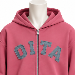Rose Pink Mens <b>Zip</b> Front <b>Hoodie</b> Heavyweight Fleece Chenille Letter Applique Oversized Streetwear Sweatshirt with Kangaroo <b>Pocket</b> - Product Image 3