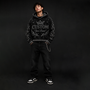 เสื้อฮู้ดดี้สั่งทำพิเศษแบบ OEM ประดับคริสตัล 100% ผ้าฝ้ายทรงโอเวอร์ไซส์ หนานุ่ม สีดำฟอก ทรงพูลโอเวอร์ ตกแต่งกราฟิก  รักษ์โลก - Product Image 4