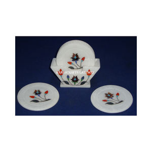 Magnifique ensemble de sous-verres en marbre fait main avec finition soignée et incrustation lisse en nacre bleue pour la décoration de la maison - Product Image 4