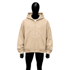 Sudadera con capucha beige extragrande con cremallera y logo de signo de dólar, diseño gráfico de streetwear personalizado, unisex, informal, a la moda, en oferta. - Product Image 1