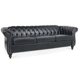 Divano Chesterfield a tre posti con braccioli arrotolati in PU nero da 84,65 pollici per soggiorno - Product Image 4