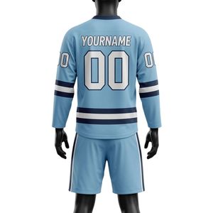 Men <b>Light</b> Blue Sublimated Ice Hockey V <b>Neck</b> Striped Jersey Shorts Set Polyester Sports Clothing Match Training Performance Wear - Product Image 2