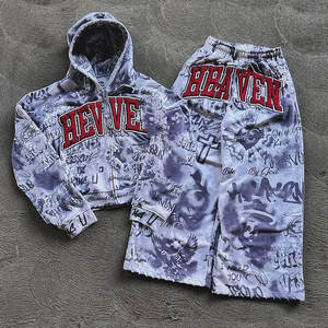 Ensemble de survêtement décontracté deux pièces pour homme, brodé, effet vieilli, 100 % coton, avec sweat à capuche zippé et pantalon de survêtement, personnalisable - Product Image 3