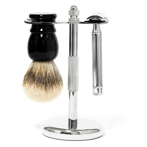 LEO BEAUTY PRO Eco-Friendly Metal Cut Throat Razor Pure Badger Shaving <b>Brush</b> and Bamboo Shaving Stand - Product Image 3