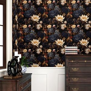 Papel Tapiz Suculento Negro Oscuro con Flores Blancas/Rojas, Fácil de Despegar y Pegar, Estilo Vintage para Decoración del Hogar - Product Image 6