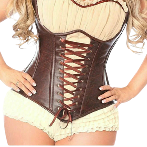 Brown PU Leather <b>Corset</b> Dress with Cream Ruffle Sweetheart Neckline Bodycon Sleeveless Club Dress Sexy Adult Outfit - Product Image 3