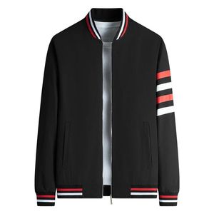 Men's Black Zip-Up Bomber <b>Jacket</b> With <b>Red</b> White Stripes Regular Fit Casual Woven Polyester Autumn Wear - Product Image 1