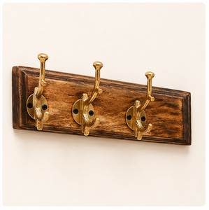 Perchero de pared artesanal de latón antiguo con 3 ganchos y base de madera maciza de mango, colgador decorativo para ropa, ideal para hoteles y baños. - Product Image 5