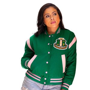 Chaqueta Universitaria Retro Ivy League para Mujer, Verde y Rosa, Chaqueta Letterman Premium con Bordado Elegante, Ropa Urbana - Product Image 1
