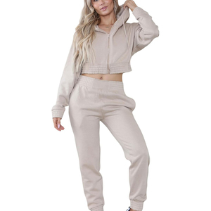 Women's Regular Fit Winter Washed 2-Piece Solid Zipper Hoodie & <b>Crop</b> <b>Top</b> Tracksuit with Custom Logo Short Length - Product Image 1