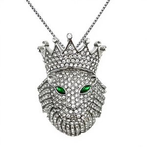 Pendentif Tête de Lion, Pendentif Couronne de Roi, Pendentif en Argent 925, Pendentif Hip Hop, Collier Entièrement Sertie de Pierres pour Hommes, Pendentif pour Amateurs d'Animaux - Product Image 3