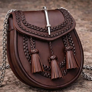 Handmade Brown Genuine Leather Scottish Kilt Braided Sporran With 3 Tassels Semi Dress Sporran with <b>Chain</b> <b>Belt</b> Strap - Product Image 2