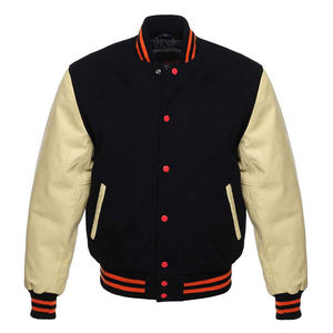 Veste de style universitaire pour homme, noire et crème, manches en simili cuir, doublure matelassée, bordure côtelée rayée, mode streetwear urbaine - Product Image 1