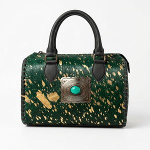 Nouveau sac de voyage de luxe sportif en cuir de vachette véritable couleur verte, résistant à l'eau, avec concho turquoise et noir - Product Image 1