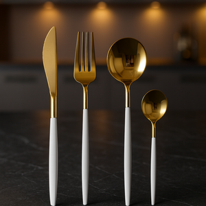 ชุดเครื่องครัวสไตล์นอร์ดิกสมัยใหม่ ชุบทอง พร้อมด้ามจับสีขาว ผลิตจากสแตนเลสสตีลรักษ์โลก - Product Image 4