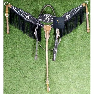 Western <b>Black</b> Leather Horse Headstall & Breast Collar Set <b>Black</b> Fringe Crystal Studs with Revolver Design Conchos - Product Image 1