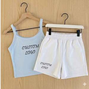 Conjunto de 2 Piezas para Mujer, Camiseta sin Mangas con Pantalones Cortos Blancos, Color Sólido, Informal, para Primavera/Verano, Transpirable, Tejido de Punto, Spandex y Algodón - Product Image 1