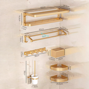 Porte-serviettes double mural de luxe en aluminium doré, ensemble d'accessoires de salle de bain au design moderne et écologique avec crochets de rangement - Product Image 2