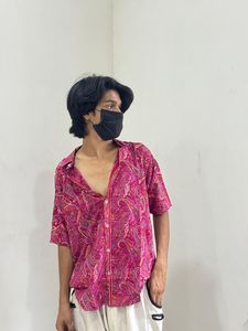 <b>Men's</b> Pink <b>Paisley</b> Print Short Sleeve V-neck Casual <b>Shirt</b> Knitted 100% Silk Breathable Quick Dry Eco-Friendly Summer Wear - Product Image 1