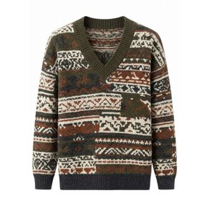 Suéter de Punto para Hombre, Manga Larga, Color Terracota, Diseño de Dos Tonos con Trenzas, Cuello en V, Mezcla de Algodón de Alta Calidad - Product Image 3
