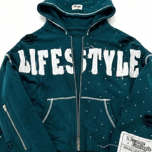 Survêtement homme streetwear coupe ample, effet vieilli, avec broderie et appliques, délavage acide, fermeture éclair, strass, en tissu premium - Product Image 2