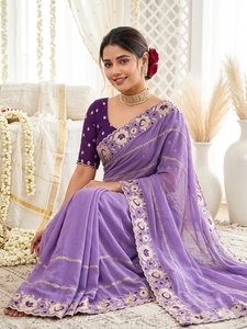Blusa de Sari de Seda Bordada en Morado, Tradicional India y Pakistaní, para Mujer, Larga hasta el Suelo, Corte Regular, Sin Arrugas, Protección Solar - Product Image 4