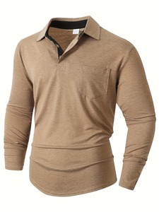 Polo à manches longues pour homme, couleur unie, en coton tricoté, décontracté, anti-plis, avec boutons, coupe classique, avec poche - Product Image 3
