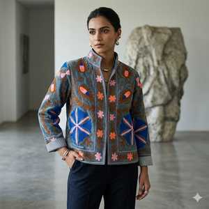 Suzani Embroidered Knitted Velvet Bomber <b>Jacket</b> Handcrafted Floral Boho Statement Wear Full Sleeve Autumn Outerwear Breathable - Product Image 4