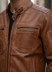 <b>Mens</b> Tan <b>Brown</b> Genuine <b>Leather</b> Cafe Racer <b>Jacket</b> Distressed Vintage Biker Coat - Product Image 4
