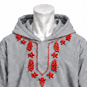 Sweat-shirt à capuche gris clair Indus brodé, motif floral, poche kangourou, coupe décontractée, streetwear décontracté, pull d'hiver - Product Image 3
