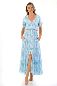 OEM Custom Summer Beach Girls Floral Print Boho Long Rayon Ruffles Casual V-Neck Sexy Boho Maxi Plus Dress Robe Femme - Product Image 4