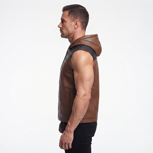 Hoodie sans manches en cuir pour homme avec boutons, gilet en cuir pour homme avec poches latérales, gilet à capuche 100% cuir pour homme - Product Image 3