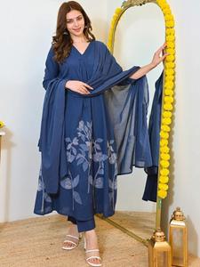 <b>Women</b> Blue Floral Embroidered Rayon <b>Kurta</b> Set Dupatta Regular Fit Knee-Length Traditional Style Quick Dry Multi-Season Casual - Product Image 4